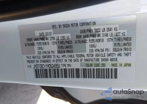 2021 Mazda Cx-9 Touring z USA, uszkodzony, nr VIN JM3TCBCY1M0524658